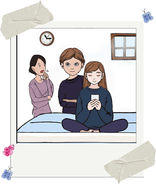 Hier seht ihr ein Bild, auf dem das Recht auf Privatsphäre dargestellt wird. Auf dem Bild sitzt ein junger Mensch auf einem Bett mit einem Smartphone. In dem dargestellten Zimmer sind noch zwei weitere Personen zu sehen. Das Bild ist im Rahmen der Projekt-Beteiligung, von einem Jugendlichen selbst gestaltet.